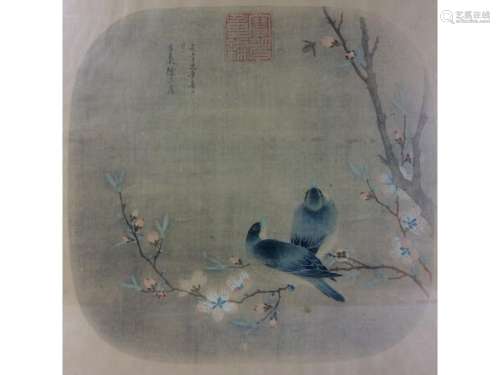 Framed Chinese printing painting with birds and flower