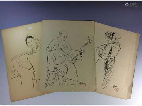 Set of three sketch leaves of figures