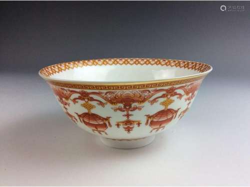 Chinese porcelain bowl, iron red glazed,  decorated and