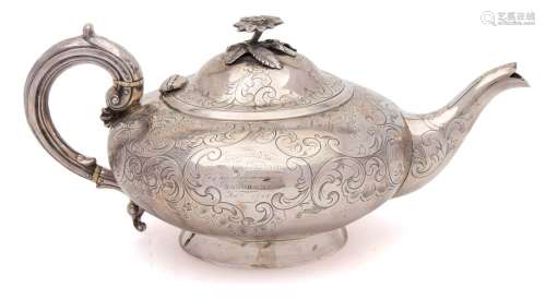 A Victorian silver teapot , maker Charles Lias, London, 1847: of squat circular form,