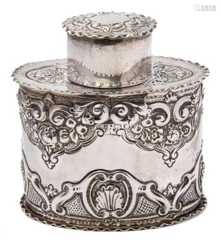 A Victorian silver tea caddy and lid, maker Josiah Williams & Co, London, 1893: of oval outline,
