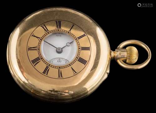 A gentleman's 18ct gold half-hunter pocket watch: the circular white enamel dial 40mm diameter,