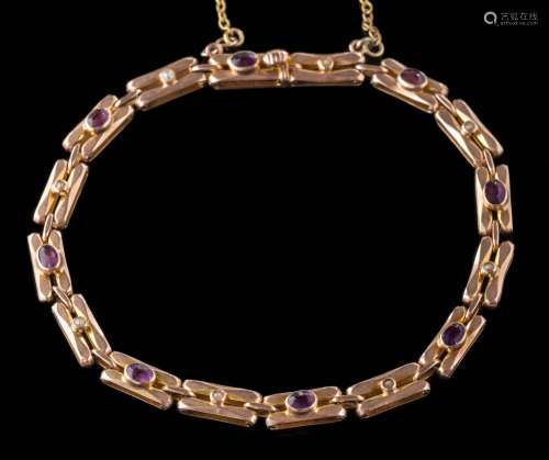 An amethyst and seed pearl bracelet: with attached safety chain, the clasp stamped '9ct V & C',