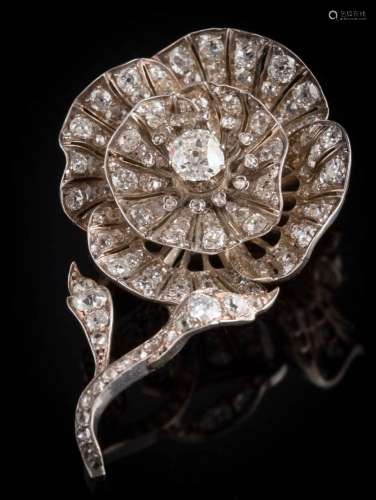A Victorian diamond rose flower brooch: designed as a single bloom,