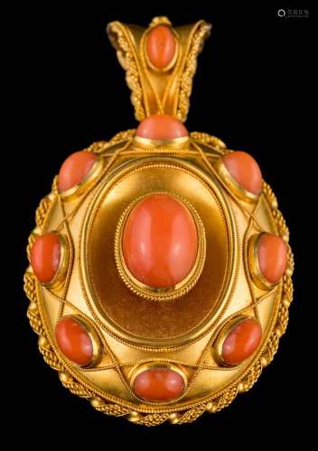 A Victorian gold and coral oval mourning pendant: inset with a central oval cabochon coral