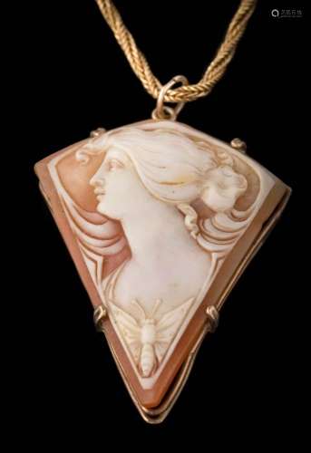 A triangular shell cameo portrait pendant: suspended from a rope-twist chain necklace with applied