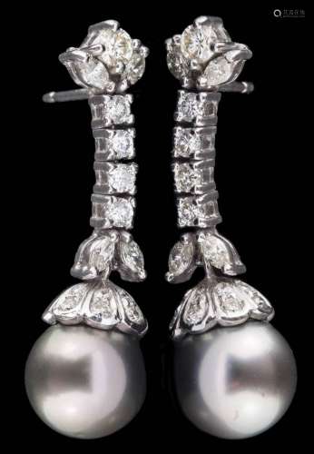 A pair of dark grey cultured pearl and diamond drop earrings,