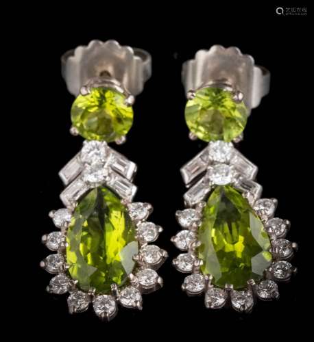 A pair of peridot and diamond drop earrings: each with a pear-shaped peridot, approximately 14.