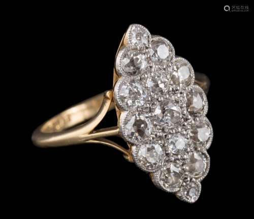 A diamond marquise-shaped cluster ring: pave-set with round old,