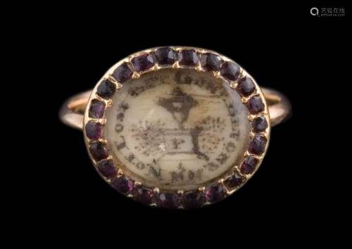 A Georgian memorial sepia ring: the oval mount depicting picture of an urn above initial 'P',