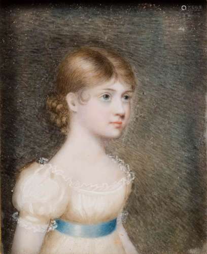English School early 19th Century- A miniature portrait of a young girl,