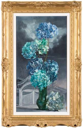 * Martin Battersby [1916-1982]- Homage a Hector Guimard; hydrangeas in a green glass vase,