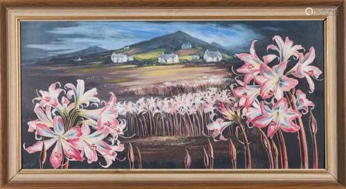* Stuart Maxwell Armfield [1916-2000]- Nerines with white cottages in a Cornish (?) landscape,