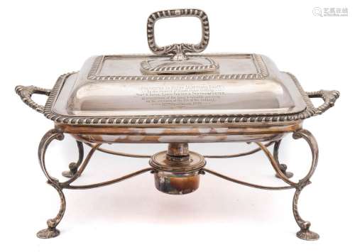 A Victorian silver presentation entree dish, cover and stand, maker Atkin Bros, Sheffield,