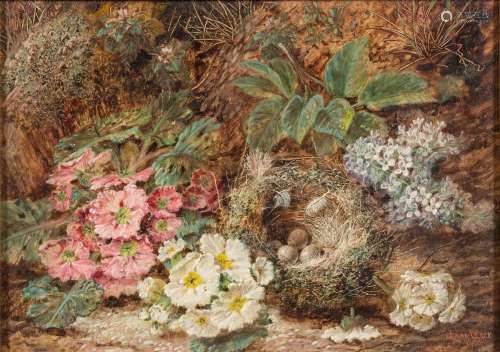 Oliver Clare [1853-1927]- Still life of flowers and a bird's nest on a bank,