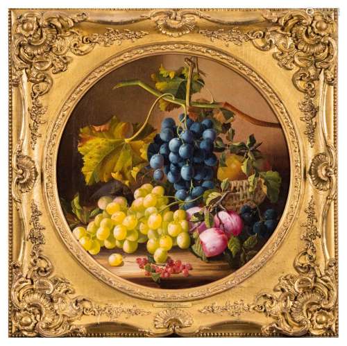 Attributed to Maria Margitson [1832-1896]- Still life of grapes, apples, red currants and plums,
