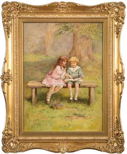 Eva Hollyer [1865-1948]- Storytime; children on a park bench,:- signed bottom left oil on canvas,