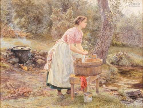 Edith Martineau [1842-1909]- Washing clothes by a stream,:- signed and dated 1883 watercolour,