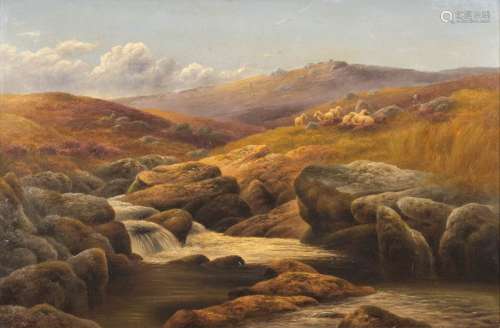 Charles Edward Brittan [1870-1949]- A Dartmoor stream, sheep and a tor in the distance,