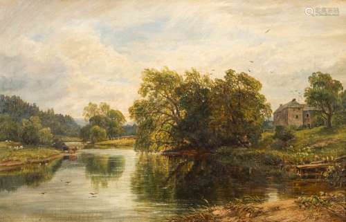 Arthur Perigal [1816-1884]- Mill on The Teviot,:-fisherman on the bank in the foreground,