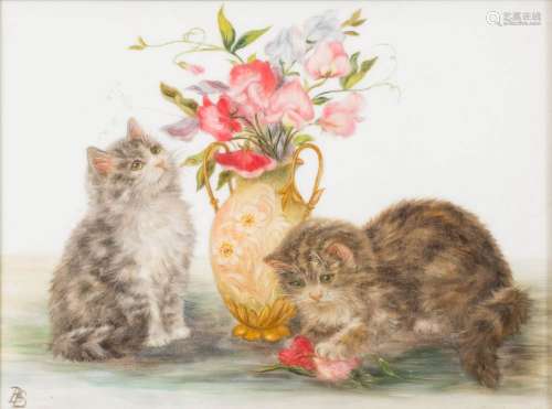 Bessie Bamber [19/20th Century]- Three kittens, a vase and a plate; Two kittens, a vase and flowers,