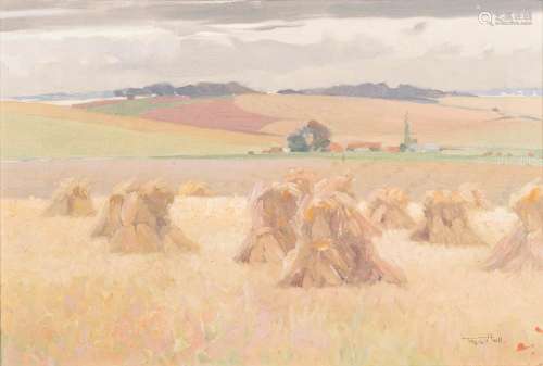 Fred Hall [1860-1948]- Harvest stooks in a coastal landscape,:- signed oil on canvas, 37 x 54cm.
