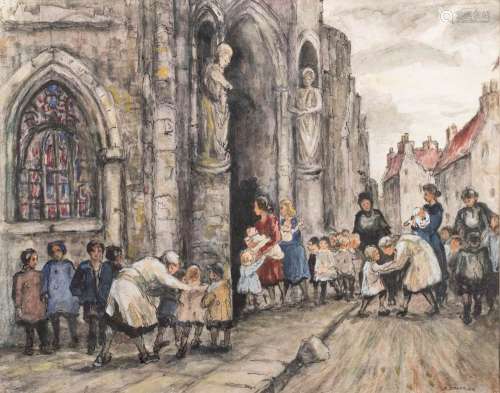 * Steven Spurrier [1878-1961]- Sunday School; mothers and children at a cathedral door,:- signed,