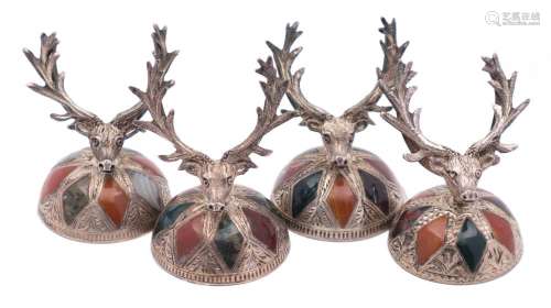 A set of four Scottish white metal and polished agate inlaid place name holders: each in the form