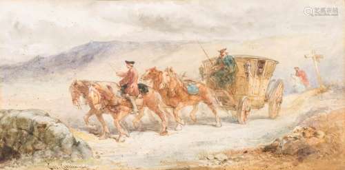 Charles Cattermole [1832-1900]- Coach and horses in a gale,:- signed bottom left, watercolour, 18.