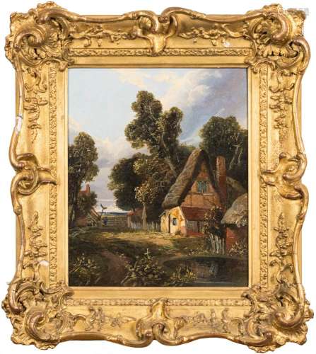Joseph Paul [1804-1887]- Rural scene, cottages around a pond,:- oil on canvas, 29 x 24cm.