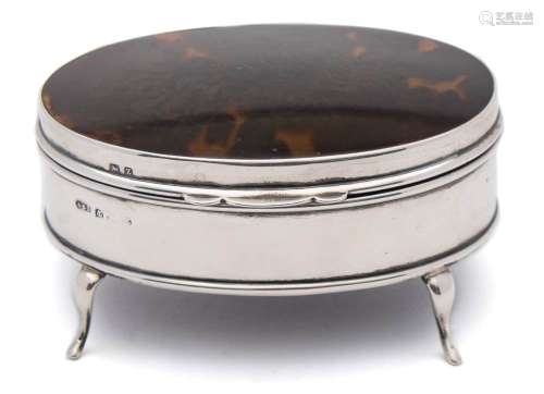A George v silver and tortoiseshell oval trinket box, maker A. E.