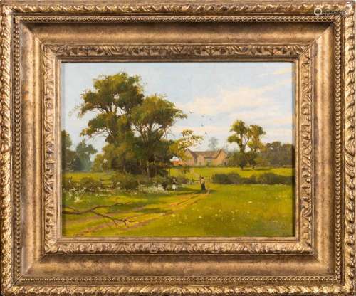 Attributed to Alfred Oliver [1886-1921]- Rural scene with figures and manor house,:- oil on board,