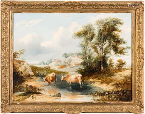 Circle of Henry John Boddington [19th Century]- A rural scene, cattle watering in the foreground,