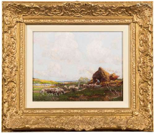 William Watt Milne [1865-1949]- A sheep fold on downland,:- signed and initialled oil on board,