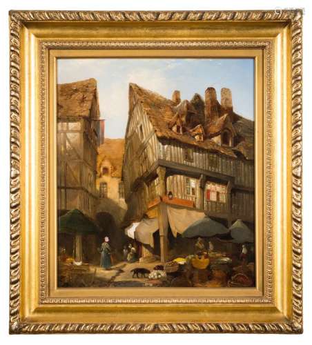 Attributed to Edward Hassell [19th Century]- A Continental market scene,:- oil on panel 36 x 32cm.