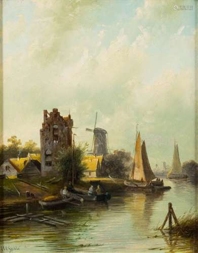 Jacob Jan Coenraad Spohler [1837-1922]- Dutch river landscape,