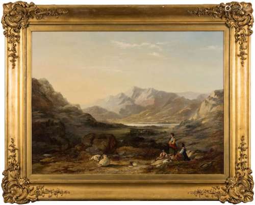 Robert Tonge [1823-1856]- An upland pass, travellers and sheep in the foreground,