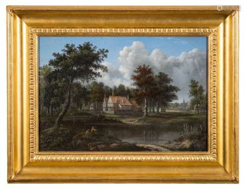 Attributed to Patrick Nasmyth [1787-1831]- Country house by a lake, fisherman in the foreground,