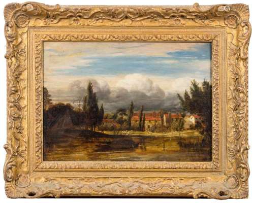 John Linnell [1792-1882]- River landscape with farm estate beyond,
