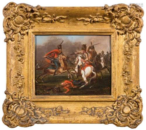 Manner of Jacques Courtois- Cavalry skirmishes,:- a pair, oils on board, each 10 x 13cm.