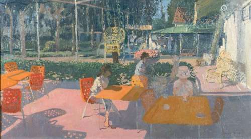 * Andrew Macara [b.1944]- The Cafe, Salou,:- signed and dated 1983 bottom right oil on canvas 49.