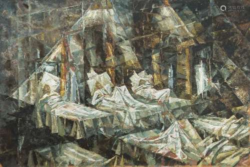 London Group, Circa 1960- Patients convalescing in a ward,:- oil on board, 76 x 114cm, unframed.