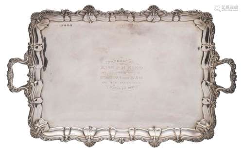 An Edward VII silver presentation tray, maker Elkington and Co, Birmingham, 1902: inscribed,