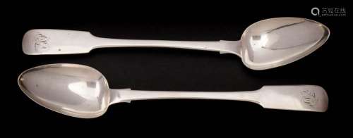 A pair of George IV provincial silver fiddle pattern serving spoons, maker George Turner, Exeter,