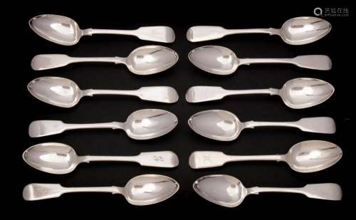 A collection of twelve silver Fiddle pattern dessert spoons,