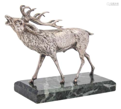 A George V Continental silver model of a stag, bears import marks for London,