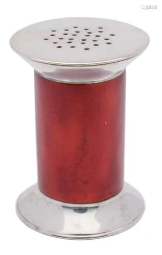An Edward VII silver and red enamel novelty pepper, maker Elkington & Co, Birmingham,