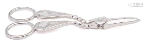 A pair of Victorian silver grape shears, maker Atkin Brothers, Sheffield,