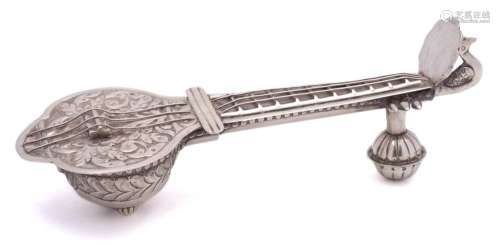 An Indian white metal pen stand in the form of a sitar: with hinged soundboard and finger board,