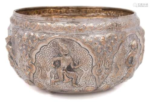 A Burmese silver bowl: of circular outline,